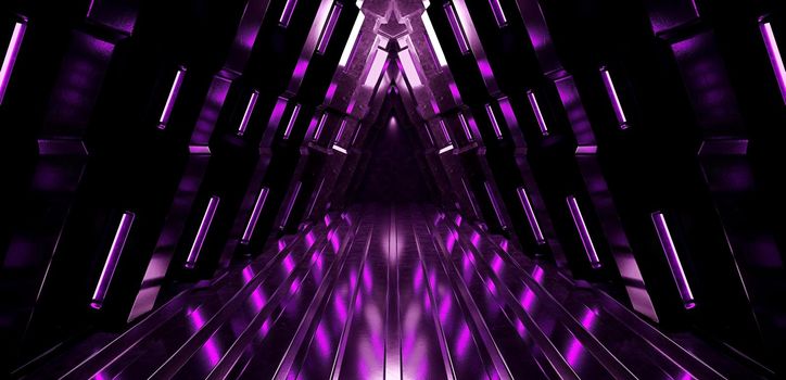 Neon Glowing Purple Blue Vibrant Sci Fi Futuristic Stage Podium Construction Metal Triangle Grunge Reflective Dark Night Virtual Show Background 3D Rendering