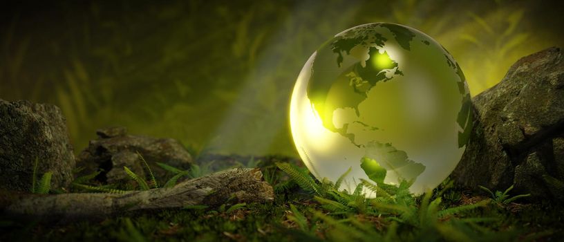 Globe glass on moss with sunshine Environment concept 3d render