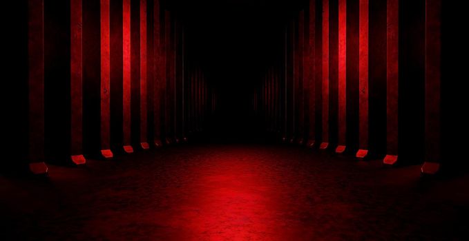 Alien SciFi Reflective Metal Underground Tunnel Room Night Black Banner Background Space For Products For Product Backgrounds Presentation 3D Rendering