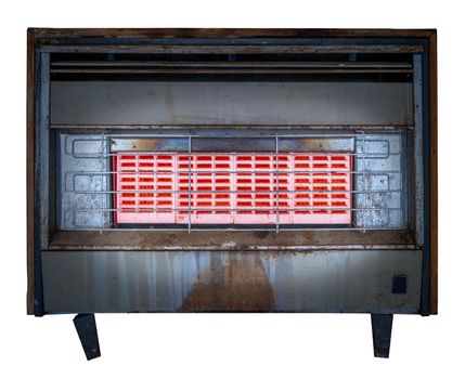 Isolated Grungy Glowing Old Interior Gas Fire Or Radiator Or Heater While On