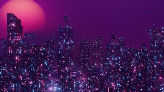 City Illustration Night Neon Cyberpunk Cityscape Banner Background 3d Render