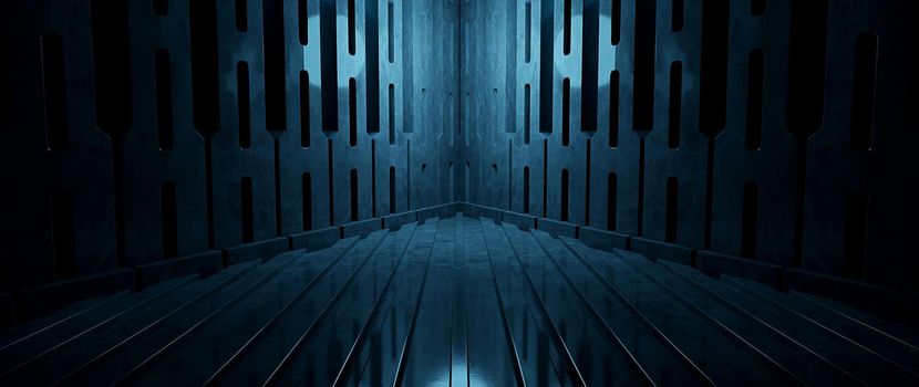 Futuristic Science Fiction Cyber Hall Studio Cyber Future Stage Corridor Lighted Blue Turquoise Background With Space For Products 3D Rendering