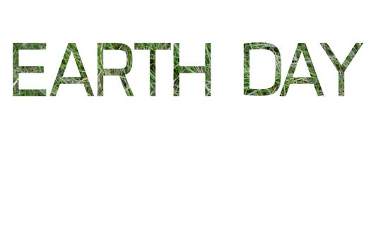 The word Earth Day with green grass inside the letters isolated on white background. Earth day concept.