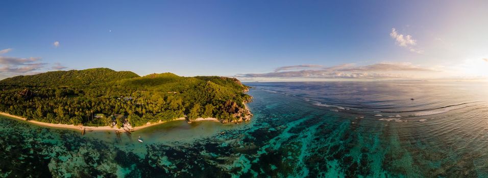 Anse Source d'Argent beach, La Digue Island, Seyshelles, Drone aerial view of La Digue Seychelles bird eye view.of tropical Island