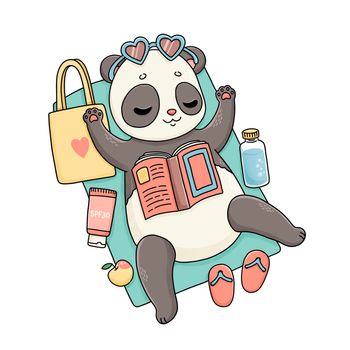 Summer panda lying on the beach towel with book spf 30 slippers water apple illustration