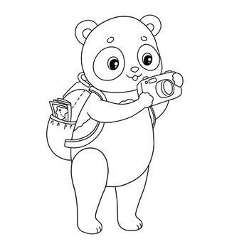 Summer time panda with camera and backpack map coloring page illustration