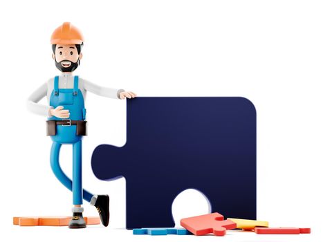 Builder cartoon character, funny worker or engineer with puzzle.