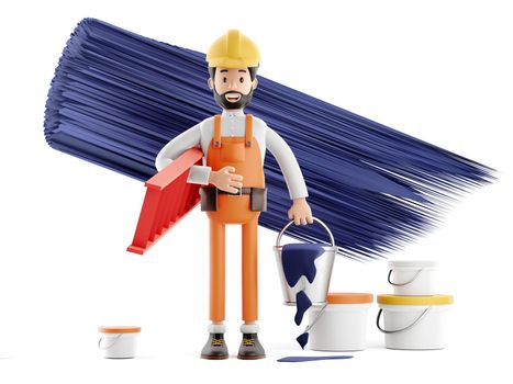 Funny worker or engineer with buckets of paint. Builder painter plasterer cartoon character, 3d Rendering.