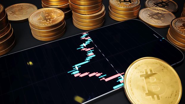 Trading app on mobile phone next to bitcoin coins, Bitcoin with smartphone on black table, btc blockchain cyptocurrency exchange, 3d Rendering