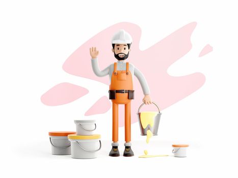 builder painter plasterer cartoon character, funny worker or engineer with buckets of paint.