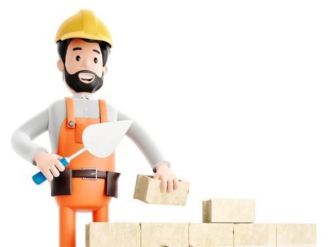 Builder painter plasterer cartoon character, funny worker or engineer building a brick wall, 3d Rendering.