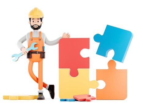 Builder cartoon character, funny worker or engineer with puzzle 3d Rendering.