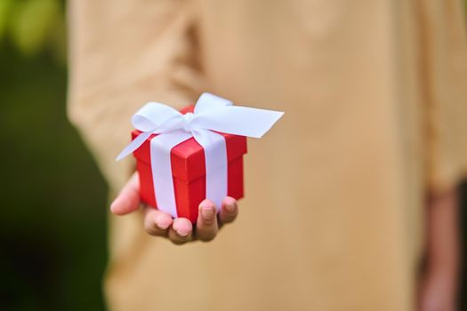 Woman holding small red present box in hands. High-quality photo