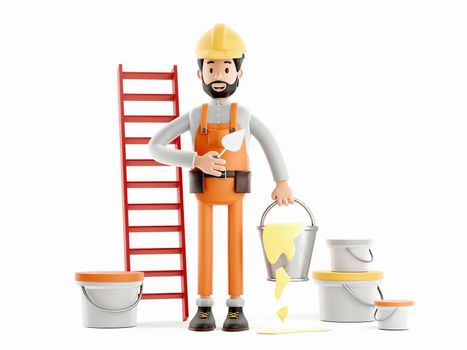 Funny 3d character worker or engineer with buckets of paint. Builder painter plasterer cartoon character, 3d Rendering.