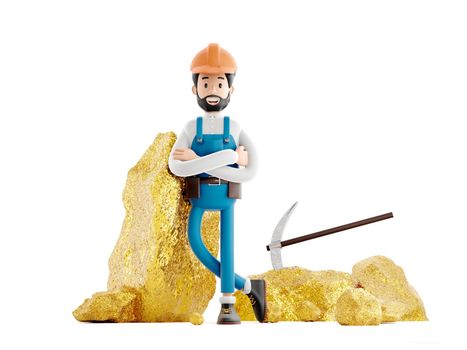 Gold digger character miner mining gold on white background, 3d Rendering