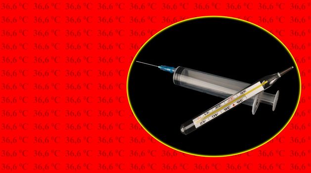 Syringe with a needle and a mercury thermometer on a black background, place under the text on a red background with the inscription, thirty-six and six