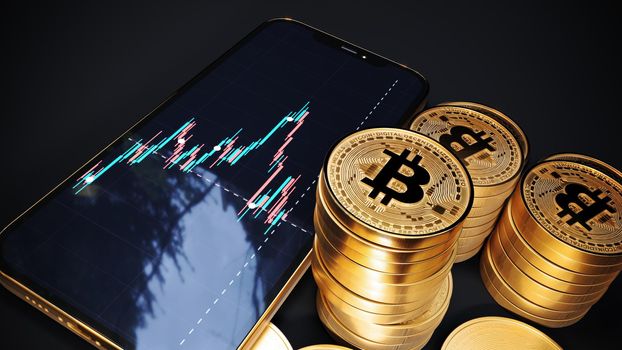 Trading app exchange on mobile phone next to bitcoin coins, Bitcoin with smartphone, btc blockchain cyptocurrency, 3d Rendering