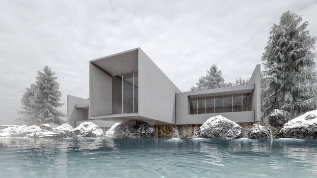 3D Rendering Illustration Of Modern House With Water Front View