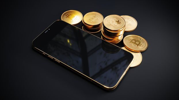 Bitcoin with smartphone, btc blockchain cyptocurrency, 3d Rendering. Trading app exchange on mobile phone next to bitcoin coins.