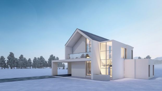 3D Rendering Illustration Of Modern House In Winter