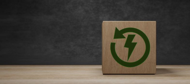 Eco Sustainability Concept in Wooden Block with Lightning Symbol Arrow Green Energy 3d Render