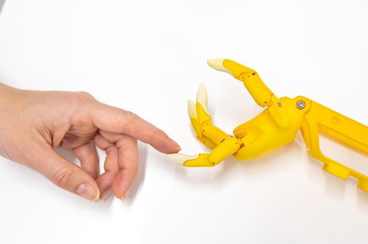 Woman's hand and a plastic hand prosthesis for a child on a white background