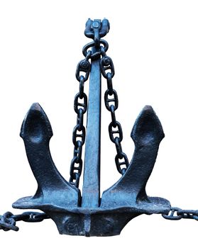 Large old, metal ship anchor on a white background in isolation