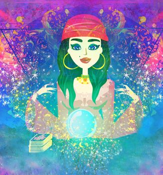 Fortune teller woman reading future on magical crystal ball