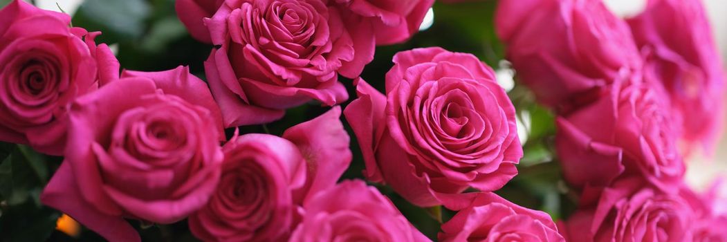 Close-up of beautiful fresh blooming bouquet of pink roses with green leaves. Perfect gift for woman, flowers for birthday or anniversary. Flower concept