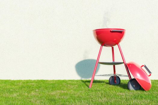 3D rendering of modern portable metal red grill oven with smoke placed on grassy lawn near white wall on sunny summer day during picnic