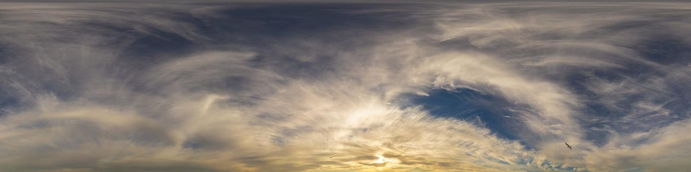 Dark blue sunset sky panorama with pink Cumulus clouds. Seamless hdr 360 pano in spherical equirectangular format. Full zenith for 3D visualization, game, sky replacement for aerial drone panoramas