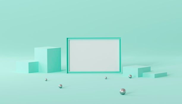 3d render of blank poster frame on the podium for mock up with beautiful green pastel color scene.3d render