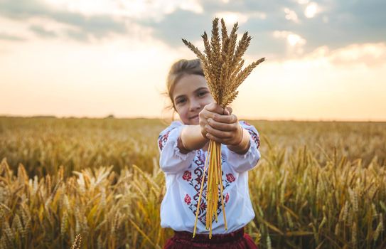 Child in a wheat field. In vyshyvanka, the concept of the Independence Day of Ukraine. Selective focus. Kid.