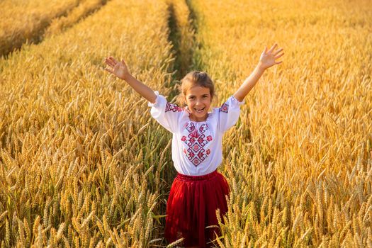 Child in a wheat field. In vyshyvanka, the concept of the Independence Day of Ukraine. Selective focus. Kid.