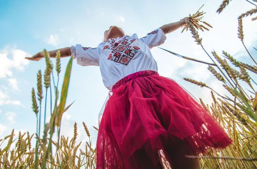 Child in a wheat field. In vyshyvanka, the concept of the Independence Day of Ukraine. Selective focus. Kid.