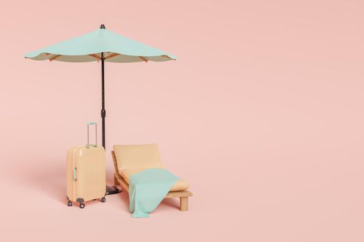 3D rendering of hard side suitcase placed near wooden sunbed with soft mattress and umbrella against pink background