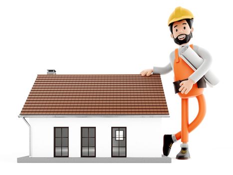 Cartoon character builder next to a house, funny worker or engineer with house, 3d Rendering.
