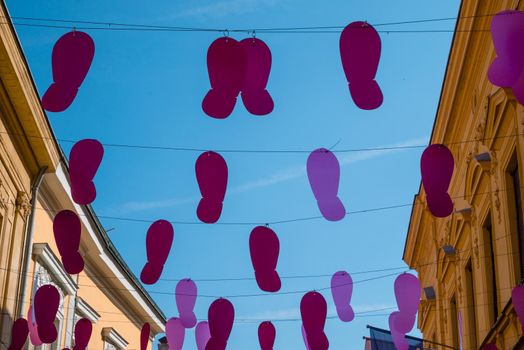 Footsteps hanging on a wire. Spancirfest 2021, Varazdin. Croatia.