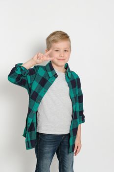 Portrait of cute stylish blond boy kid 7 years old in checked shirt and jeans sitting on a ladder