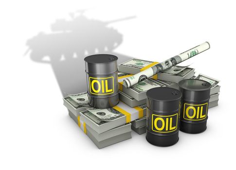 Stacks of dollars and barrels of oil cast a shadow in the shape of a military panzer. 3d render.