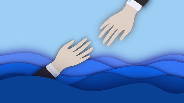 Helping hand financial world crisis concept. Paper cut banner with drowning person and helper. Business solutions and teamwork. High quality illustration