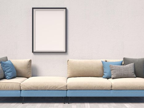 Mock up poster frames with blue sofa in modern interior background 3D render 3D illustration