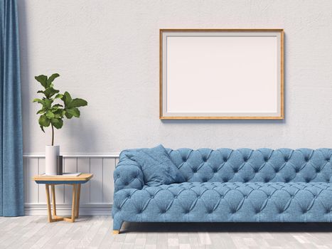 Mock up poster frames with blue sofa and curtain in modern interior background 3D render 3D illustration