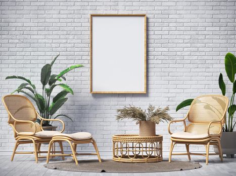 Mock up poster frames with two rattan armchairs  in modern interior background 3D render 3D illustration