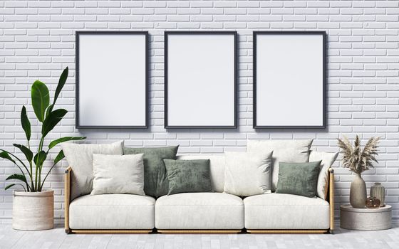 Three mock up poster frames with green pillows in modern interior background 3D render 3D illustration