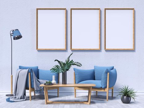 Three mock up poster frames with blue armchairs and indoor plants in modern interior background 3D render 3D illustration
