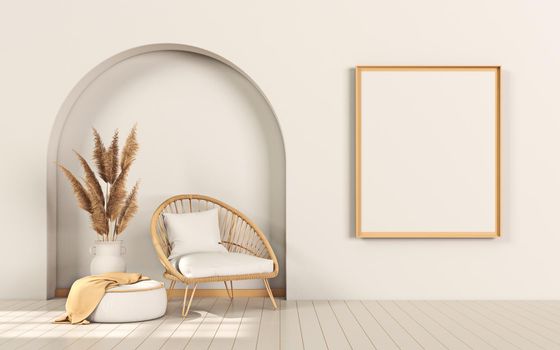 Mock up poster frames with rattan armchair and niche in modern interior background 3D render 3D illustration