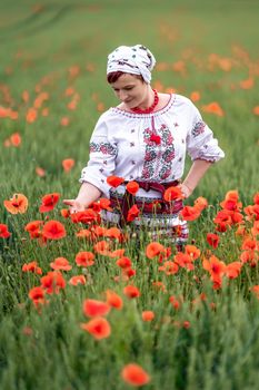 woman in Ukrainian national dress on a flowering poppy field.