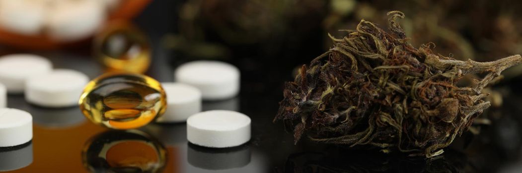 Close-up of split medications on surface, traditional and alternative medicine cures. Jelly capsules and dried marijuana buds. Medicine, healthcare concept