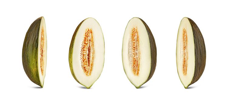 Four halves of yummy green tendral melon in a cross-section, isolated on white background with copy space for text or images. Sweet flesh with seeds. Pumpkin plant family. Side view. Close-up shot.